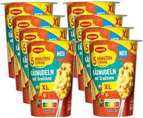 MAGGI 5 Minuten Terrine XL Käsenudeln mit Croutons, leckeres Fertiggericht, Instant Nudeln, 8er Pack (8 x 87g)