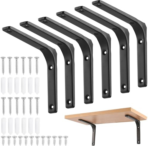 HonQiShiMY 6 Piezas Soporte para Estantes, Soporte Flotante Negro 150x125mm, Escuadras Metálicas para Estanterías y Armarios, Soporte Baldas Armario, Fácil Instalación para Estantes Pared