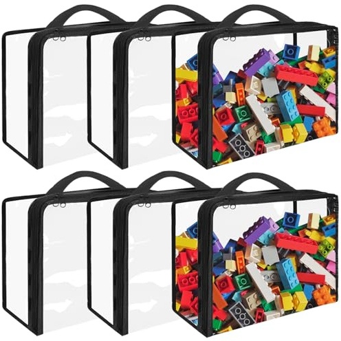 YEXEXINM 6 Pcs Toy Storage Bags, Clear PVC Organiser Bags with Zipper Extra Large Toy Storage Organizer with Handle Waterproof Storage Bags for Building Blocks, Puzzles, Clay, Small Models
