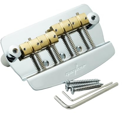 Guyker Bass Bridge, 4 String Fixed Bass Bridge with Solid Brass Saddle & Iron Plate Replacement Part (GB1023, Chrome)