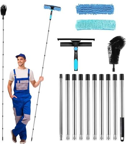 Kit de herramientas de limpieza de escobilla de 3,8 m, limpiador telescópico de canalones de 10 postes, limpiador de ventanas portátil y cepillo de limpieza de canalones de techo para limpiar vidrios