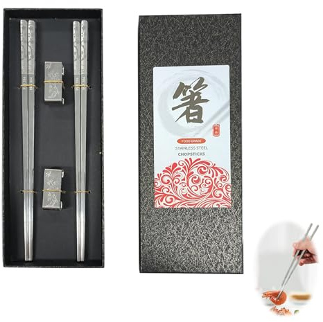 Premium 304 Stainless Steel Reusable Chopsticks, Titanium Plated, Laser Engraved Non-Slip Tips, Dishwasher Safe, Square Anti-Roll, 23.5 cm, 2 Pairs with Holders, Gift Box, for Home Dining