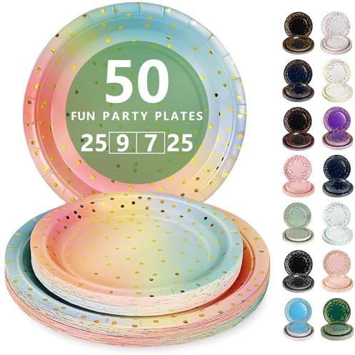 Nkaiso 50 Stück Regenbogen und Gold Einweg Pappteller | Partygeschirr Set Mit 23cm Party Teller, 18cm Dessertteller, Elegantes Einweggeschirr für Jubiläums, Hochzeiten, Geburtstag