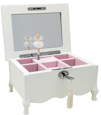 Lihou PapaQ Schmuckkästchen mit Musik, mit Spiegel, Schloss für Mädchen und Frauen, Kinder-Schmuck-Organizer, Geschenk für Weihnachten, Neujahr, Geburtstag, 20,3 x 15,2 x 10,9 cm, Weiß