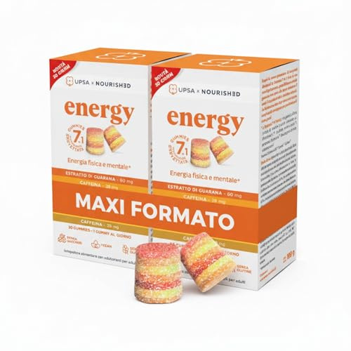 UPSA x Nourished Energy, 60 Gummies, 2 Confezioni, con Guaranà e Caffeina | Integratore Alimentare con Guaranà, Zenzero, Caffeina, Vitamina C e B12 caramelle gommose gusto frutta, senza zucchero, Vegan