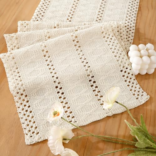 Runner da tavola beige macramè bohemien in lino di cotone, 30 x 80 cm, in pizzo all'uncinetto, stile rustico, lavabile, runner da tavolo in tessuto bohémien, decorazione per cucina, matrimonio, tavolo