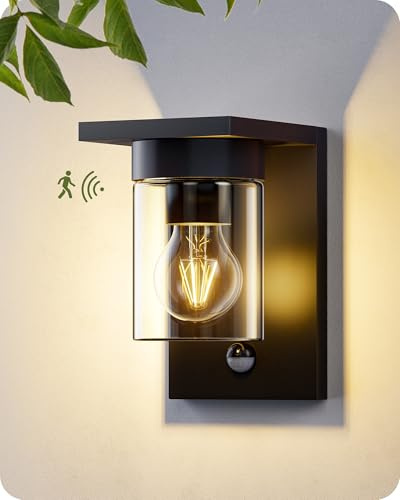EDISHINE Modern Outdoor Wall Sconce with Photocell & Motion Sensor, E27 Socket, IP44 Waterproof, Wall Lamp, Outdoor Lighting for Patio, Garden, Garage, Black