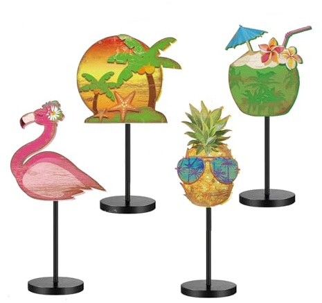 Hawaii Deko 4 Stück Sommer Tischdeko Innen Wohnzimmer Flamingo Kokosnuss aus Holz Fensterbank Tisch Beach Decor zum Hinstellen Modern für Sommer Geburtstag Party