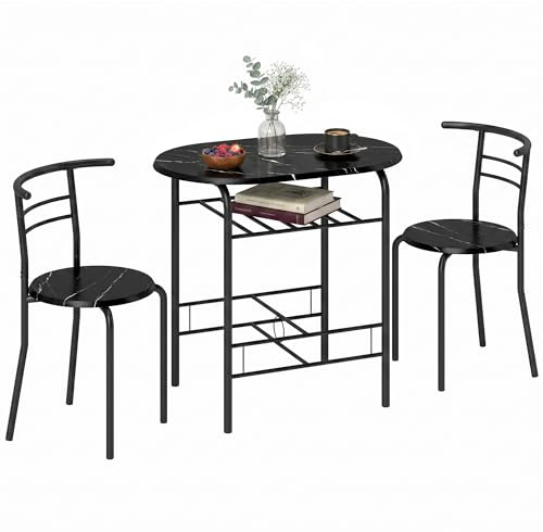 HOMCOM 3-Teilige Essgruppe für Kleine Räume Metallgestell Schwarz | Esstisch mit 2 Stühlen, Küchentisch und Stühle Set, Ablageregal, Marmor-Optik, Esszimmergruppe
