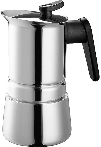 PEDRINI Steelmoka, Patentierte Moka Espressomaschine für Kochfelder einschließlich Induktion, Kapazität 4 Tassen, Silberne Farbe, Kaffeemaschine aus Stahl, 14 x 9.5 x 18 cm