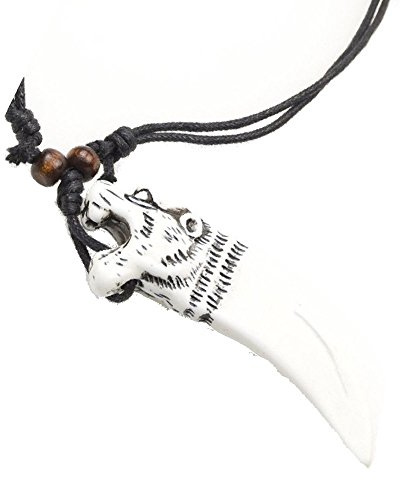 Collar de cuero con colgante de diente de sable con cabeza de tigre tallada, Plástico, cordón, Cabeza de tigre