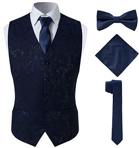 SuiSional Klassische Jacquard-Anzugwesten für Herren, mit Smoking, Krawatte, Taschentuch, Fliege, 4-teiliges Set, Dunkelblau, XX-Large