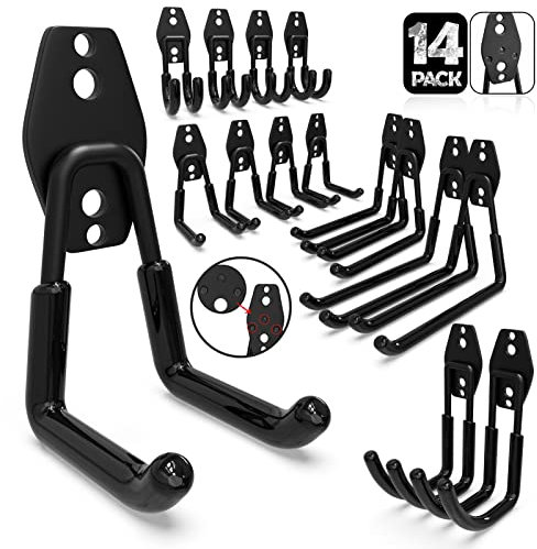 3-H 14 Stück Garagenhaken Schwerlast Wandhaken, Doppelhaken in mehreren Größen für Gartengeräte Schaufeln Schläuche Leitern Elektrowerkzeugen, Aufbewahrungssystem für Garage Garten Werkstatt (Schwarz)