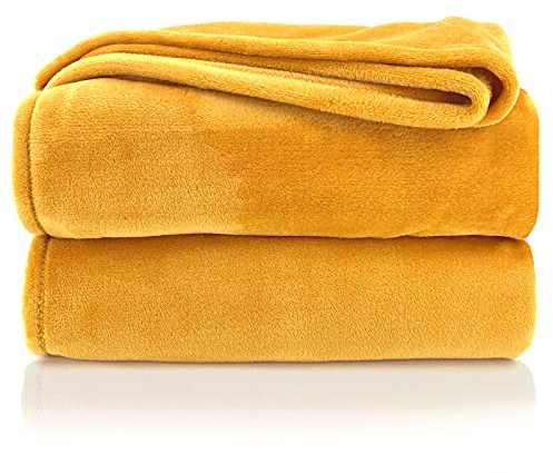 heimtexland Kuscheldecke flauschig Flanell Wohndecke warm Oekotex Tagesdecke Überwurf Sofadecke fusselfrei Fleecedecke Super Soft Decke 130x170 cm Typ380 Safran gelb