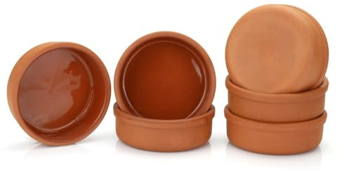 Clay Cooking Pots, 4.5 Terra Cotta - Rustic Pan for Turkish, Indian, Spanish, Mexican Cazuela Dishware - Vintage Hitit Dish (6 Pack)