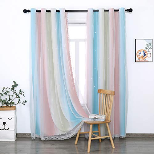 Vorhang Blickdicht Verdunkelungsvorhänge Sterne Gardinen Doppelschicht Sternenvorhänge mit Voile Vorhänge für Mädchen Schlafzimmer Wohnzimmer Kinderzimmer, 2 Stück (Regenbogen, B130 x H 243 cm)