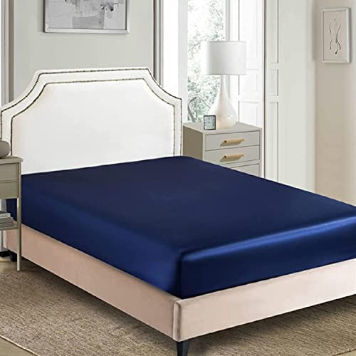 Spannbettlaken 180x200cm Boxspringbett Topper Satin Blau Dunkelblau Muster Bettlaken Glanz-Satin Leintuch Seide Shining Spannbetttuch Frottee Uni Spannleintuch für Hohe Matratze bis 25-30 cm