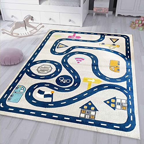 Teppich-Home Spielteppich Kinderteppich Straße Auto Verkehr | Teppich für Kinderzimmer Verschiedene Farbvarianten, Farbe:Blue, Maße:140x200 cm