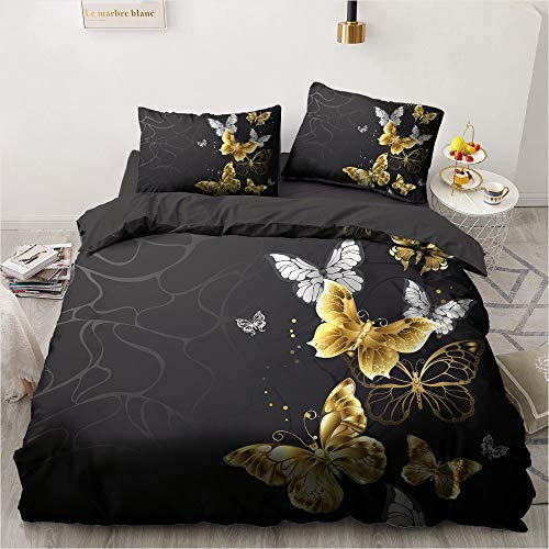 Luowei Schmetterling Bettwäsche 135x200cm 4 Teilig Schwarz Gold Butterfly Muster Bettbezug Set Microfaser Wendebettwäsche mit Reißverschluss und 2 Kissenbezüge 80 x 80 cm