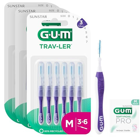GUM TRAV-LER Interdentalbürsten | für gründliche Reinigung zwischen den Zähnen | flexibler Griff | Zahnreinigung und Plaque Entfernung | 1.2mm, ISO 3 | Größe M | 3x6 Packung (mit einer Bonus-Probe)