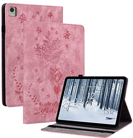 Ammeer Hülle für Nokia T21 Tablet, Retro Rose Blume Muster Flip Smart Cover PU Leder Schutzhülle Tasche Brieftasche Wallet Case Ständer Kartenfächer Gummiband - Hellrosa