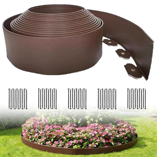 33FT Landscape Edging, 4 Inch Garden Edging Border with 50 Spikes, Flexible Lawn Edging for Landscape, Garden, Flower Beds, Lawn, Yard, Pathway, Paver Edge-Brown