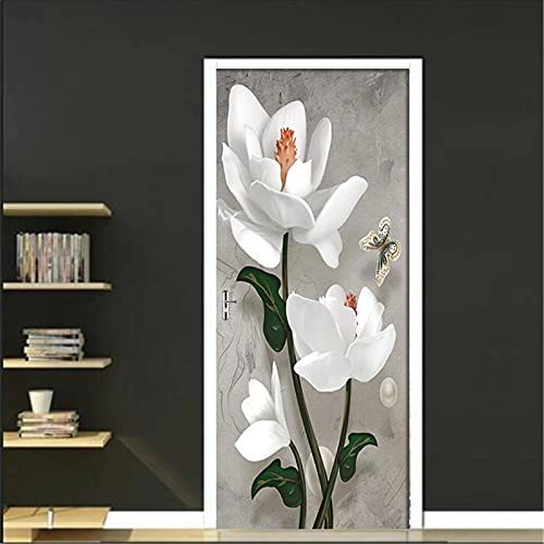 Murales Poster Per Porte 77X200Cm Fiori Bianchi Farfalla Carta Da Parati Adesivo Per Porta 3D Autoadesivo Fotomurali Impermeabile Decalcomanie Famiglia Soggiorno Bagno Decorazione