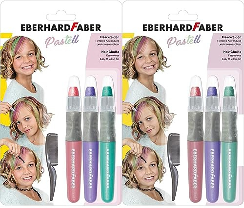 Eberhard Faber 579202 - Haarkreide Pastell, Set mit 3 Farben und Haarkamm, einfache Anwendung, leicht abwaschbar, für trendige Frisuren und neue Haarfarben (Packung mit 2)