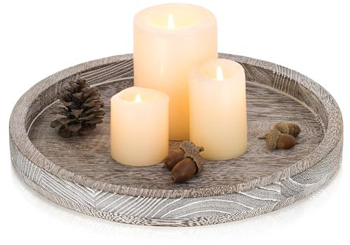 Rustic Round Wooden Decorative Tray：Romadedi White Wash Candle Tray for Pillar Candles Farmhouse Wood Serving Tray for Table Centrepiece Kitchen Countertop Home Decor，30cm