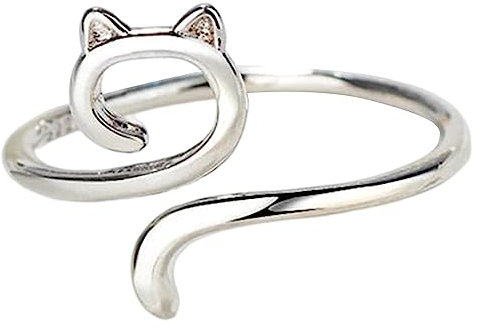 KAREN66 Häkelring für Fingergarn verstellbare Strickschlaufe Katze Kitty Ohren offener Ring Metall Garnführung Fingerhalter Strickfingerhüte Stricken Häkeln Loop Ring Geflochtener Fingerring (Silber)