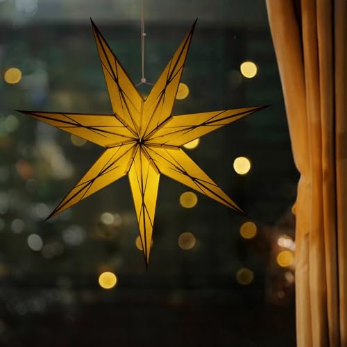 bonsport LED Weihnachtsstern Papier beleuchtet 60cm - Papierstern beleuchtet & batteriebetrieben zum Aufhängen - Stern Deko Weihnachten Fenster, weiß/gold