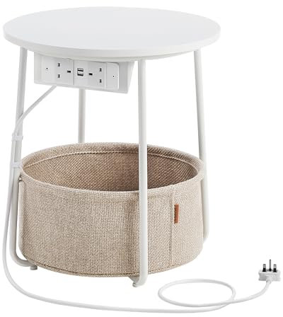 VASAGLE Side Table with Charging Station, Round End Table with Power Outlets, USB Ports, Fabric Basket, Living Room, Bedroom, Bedside Table, Modern, Matte White and Camel Brown LET228W03
