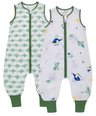 LAT 2er Pack Baby Schlafsack mit Füße 0.5 TOG, Musselin Sommerschlafsack, Babyschlafsack Sommer mit Beinen für Säugling Kinder Junge Mädchen, Länge 76 cm,12-24 Monate (Flugzeug+Streifen)