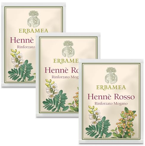 3x Erbamea - Hennè ROSSO RINFORZATO MOGANO - Busta da 100 gr - A base di polvere di Lawsonia inermis e Cassia Italica - Pacchetto da 3 buste da 100 gr l'una + in OMAGGIO 2 Tisane Funzionali Viropa