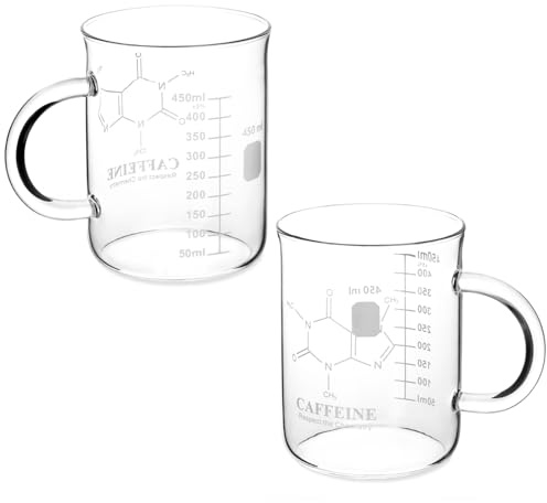 QWORK Caffeine Beaker Mug - Borosilicate Glass, 2 Pack 16 oz (450 ml), Chemistry-Themed Coffee Mug for Science Enthusiasts, Teachers