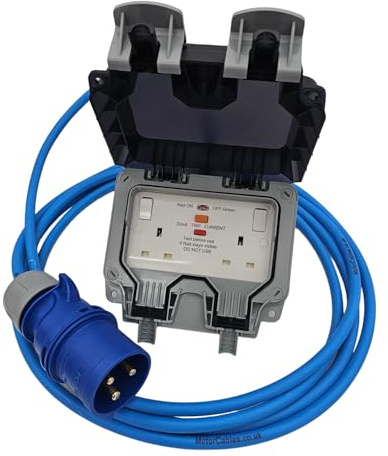 UK Made Marine Hookup CEE Plug to Twin 13A RCD Switched Sockets Power Cable IP44 to IP66 UK (32 Amp Plug, 15 Metres)