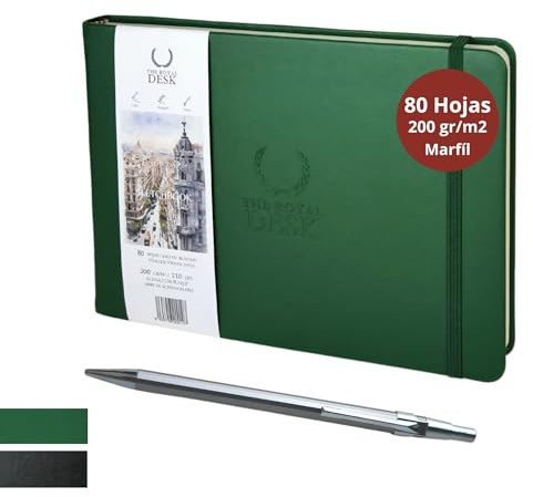 Libreta dibujo profesional incluye portamina. Cuaderno para Dibujo y bocetos de tapa dura. Bloc de dibujo de 80 hojas gruesas color marfil 200 g/m² Bloc de notas Sketchbook (Artistic Green)