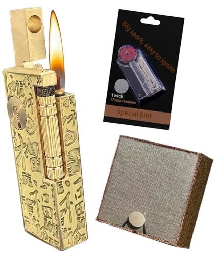 LEILEICAILI Vintage-Trench-Benzinfeuerzeug, Messing-Trench-Kerosinfeuerzeuge, nachfüllbar, Feuerzeug mit weicher Flamme und Feuersteinen, Geschenk-Zubehör-Set (ohne Benzin verkauft)(Gold 2)