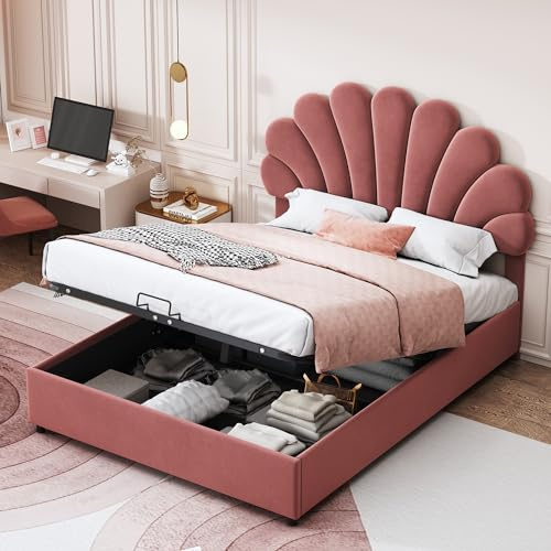 ZYLOYAL10 Polsterbett Kinderbett, Bettgestell mit Kopfteil in Blumenform und Lattenrost, Teenie-Mädchenbett in hautfreundlichem Samtstoff, Gästebett (140 x 200 cm - Rosa - Hydraulischem)