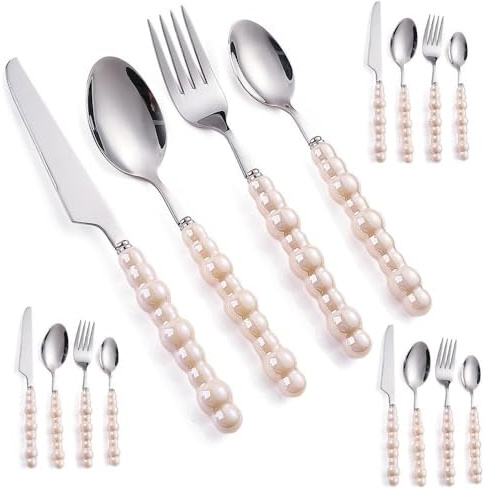 Perle Céramique Poignée Cuisine en Acier Inoxydable Argenterie Vaisselle Couverts Ensemble Créatif Hôtel Maison Steak Couteau Dessert Cuillère (Beige,16 pièces)