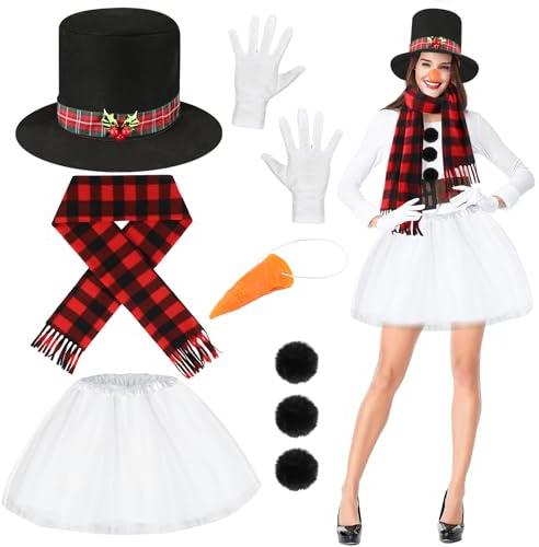 Beipegin 8 Piece Snowman Costume Adult,Snowman Outfit Tutu Skirt Snowman Scarf Christmas Hat Carrot Nose Gloves Pom Pom Balls Christmas Fancy Dress for Women Xmas Party Cosplay Set Accessories