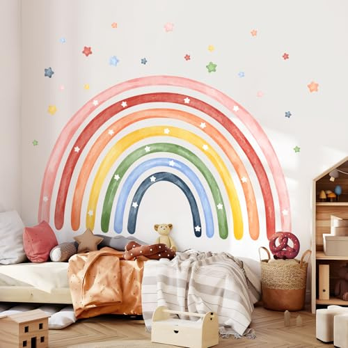 Tanlaby Wandtattoo Regenbogen XXL 195x132cm Sterne Aquarell | Regenbogen Sterne Aquarell für Babyzimmer Mädchenzimmer Schlafzimmer