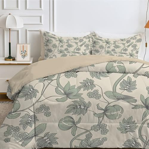 SYHIEGO Grüne Blätter Bettdecke 135x200 cm, 4-Jahreszeiten Steppdecke, Waschbare Ganzjahresdecke ohne Bezug, Pflanzen Muster Weiche Schlafdecke, Einzelbettdecke, Beige -Ea266