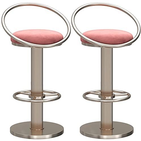 Tabourets de Bar pivotants avec Chaise arrière à Anneau, siège en Velours et Repose-Pied argenté Base Ronde, îlot de Cuisine Moderne Salle de Salle à Manger réglable, 2 pcs (Couleur: Rose)