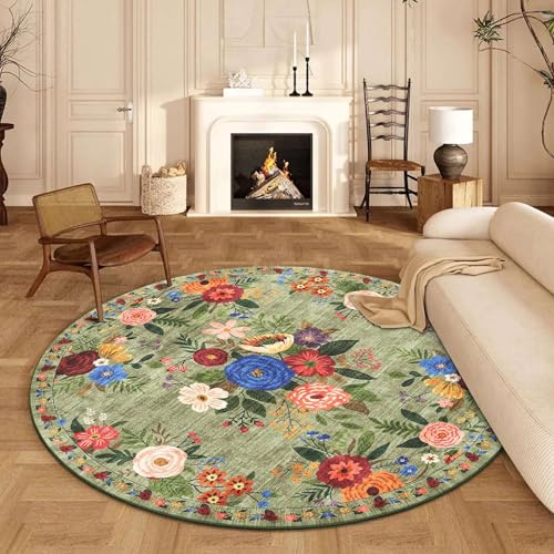 BYBSRLL Runder Teppich 160 cm, Waschbar & Rutschfester Weicher Kurzflor Rund Teppich, Vintage Blumen Boho Muster, für Wohnzimmer, Schlafzimmer, Kinderzimmer, Gastzimmer, Esszimmer, Büro, Grün