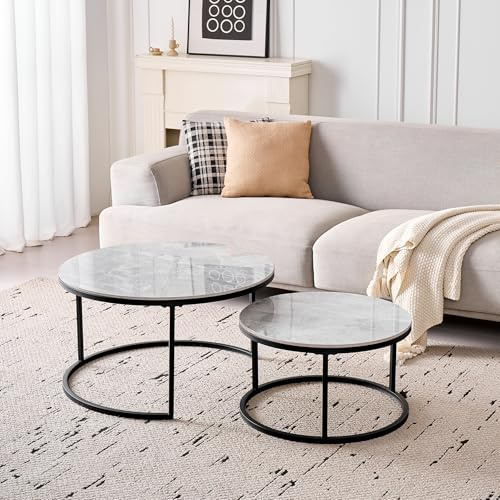 DEYARNA HOME Runden Couchtisch 2er Set, Moderne Satztische mit Keramikplatte (Keine MDF-Platte), Ideal für Wohnzimmer, Schlafzimmer, Balkon und Büro (Grau+Schwarz), 50+70cm