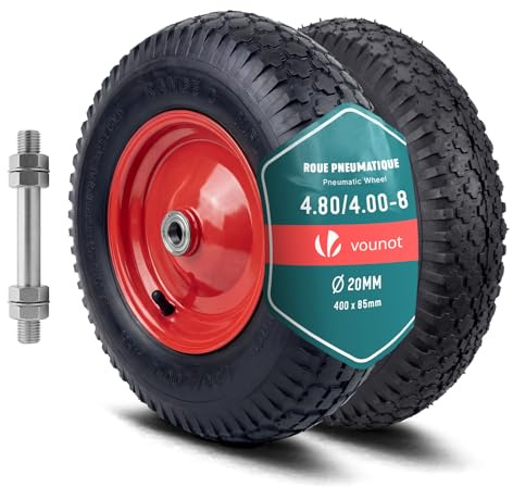 VOUNOT® Lot de 2 Roue Gonflable 4.80/4.00-8 Roue de Brouette 400x85mm avec Chambre à Air Alésage de 20 mm avec Axe Inclus et Roulements à Billes pour Diable Chariot et Remorque de Jardin