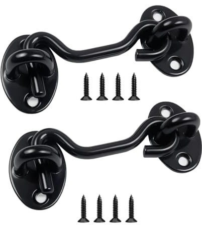 Uqingo 2 Pack Hook and Eye Latch, 3 Inch Black Cabin Hooks Stainless Steel Door Lock Hook and Gate Latch, Door Catch for Outdoor Garden Shed Patio Window Wooden Gates with Screws-Black