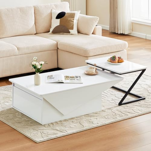 TUKAILAI 2er Set Couchtisch Satztisch mit Schublade Couchtisch Weiß Hochglanz Rechteckiger Beistelltisch mit Stauraum Sofatisch Holz Metallrahmen Modern Kaffeetische Set für Schlafzimmer Wohnzimmer