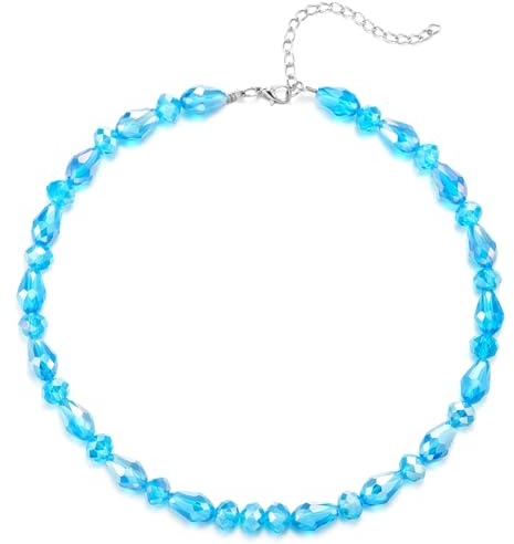 COOLSTEELANDBEYOND Collier Perles Cristal Bleues pour Femmes, Perles en Verre Facettées, Bijou Étincelant Élégant Statement